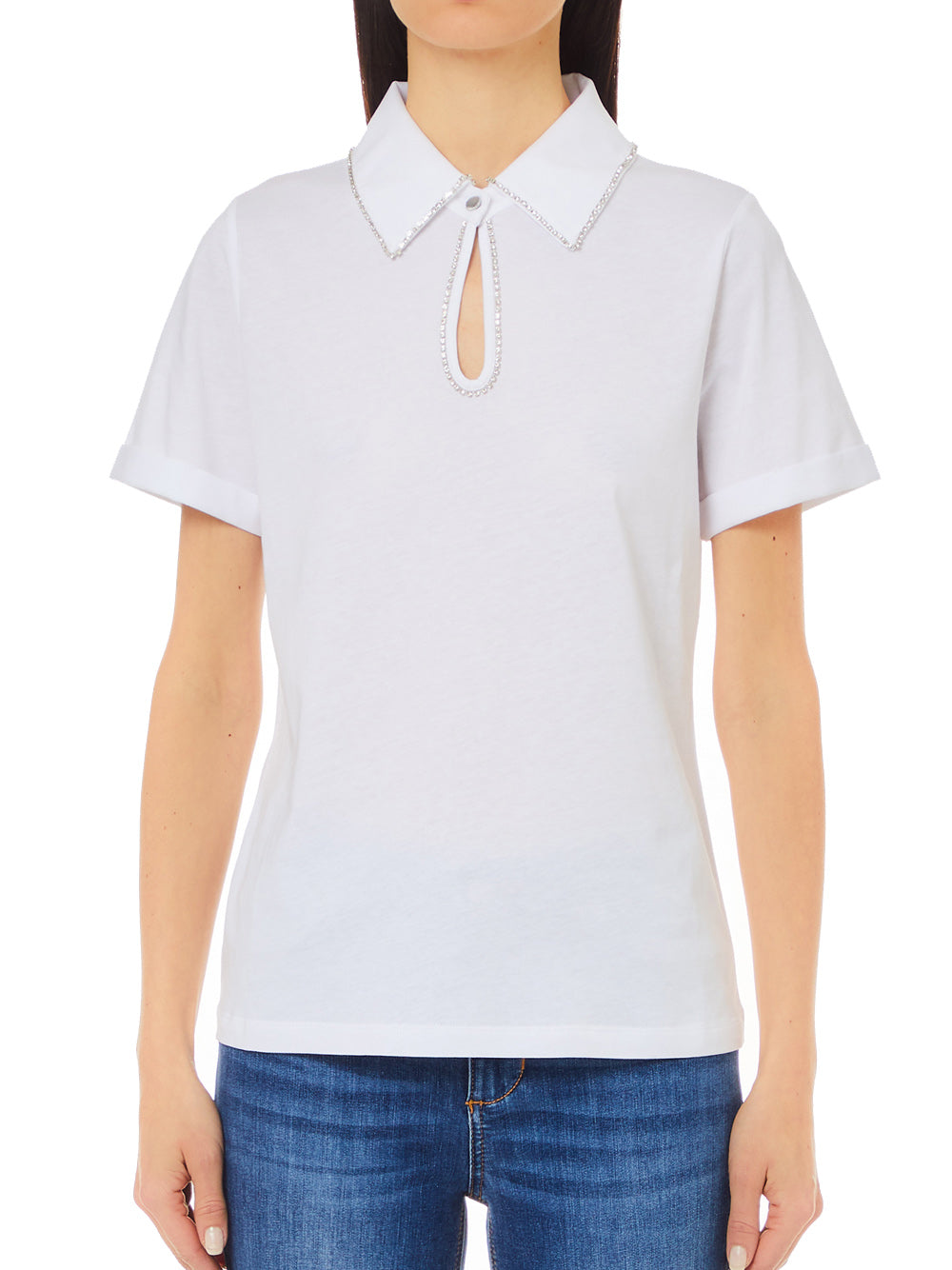 Liu Jo Polo Ecs Polo M/C Decoraz.Colletto Donna Mod. WF4058J6308 N9932 Bianco/Rhinest.Chain Nf