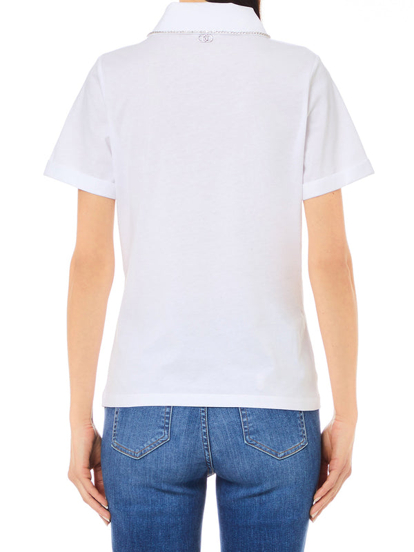Liu Jo Polo Ecs Polo M/C Decoraz.Colletto Donna Mod. WF4058J6308 N9932 Bianco/Rhinest.Chain Nf