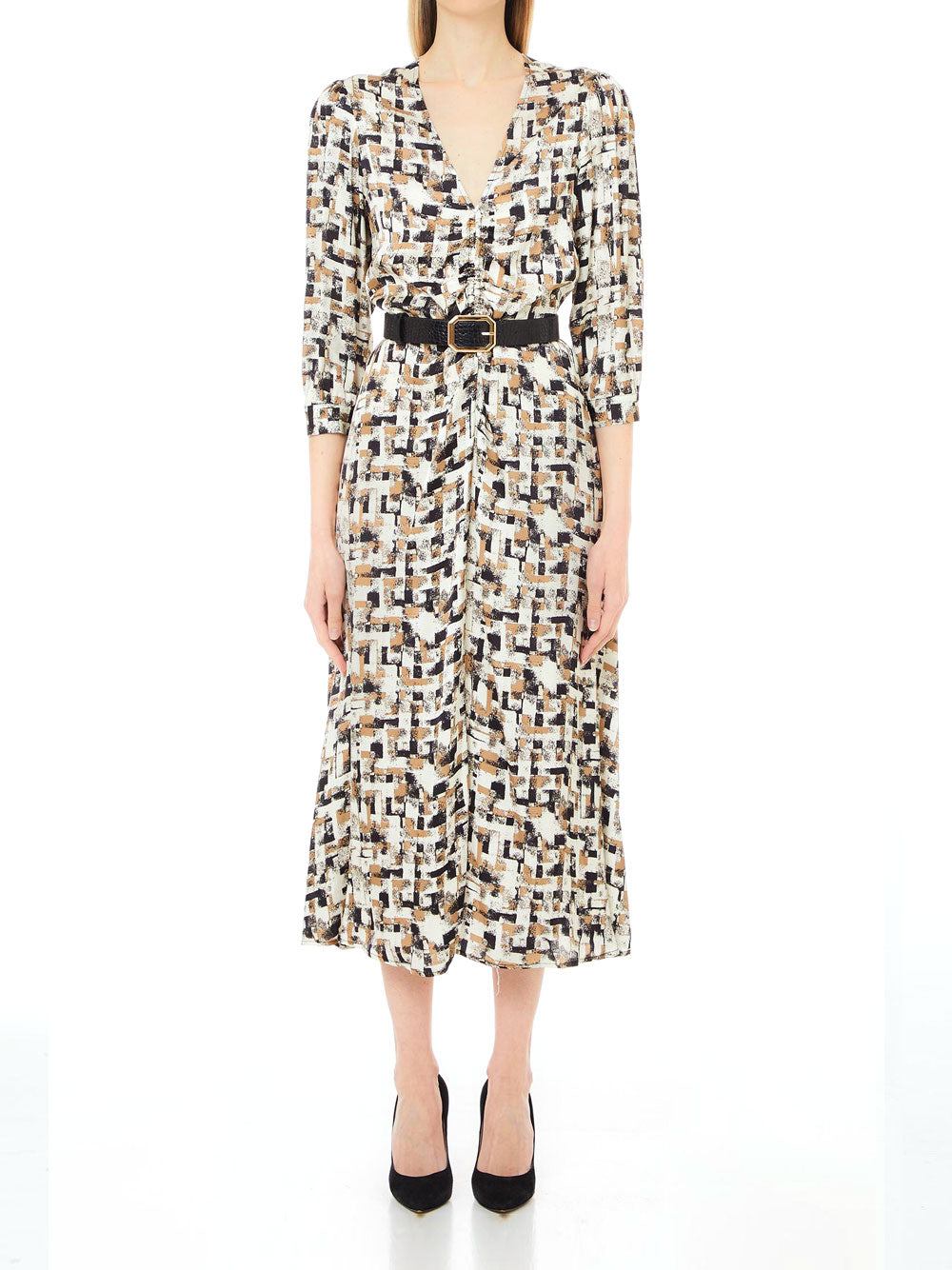 Liu Jo Vestito Abito Ts. Raso Viscosa Lungo Donna Mod. WF4404T2735 N9870 Nat.Abstract Geometr