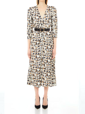 Liu Jo Vestito Abito Ts. Raso Viscosa Lungo Donna Mod. WF4404T2735 N9870 Nat.Abstract Geometr