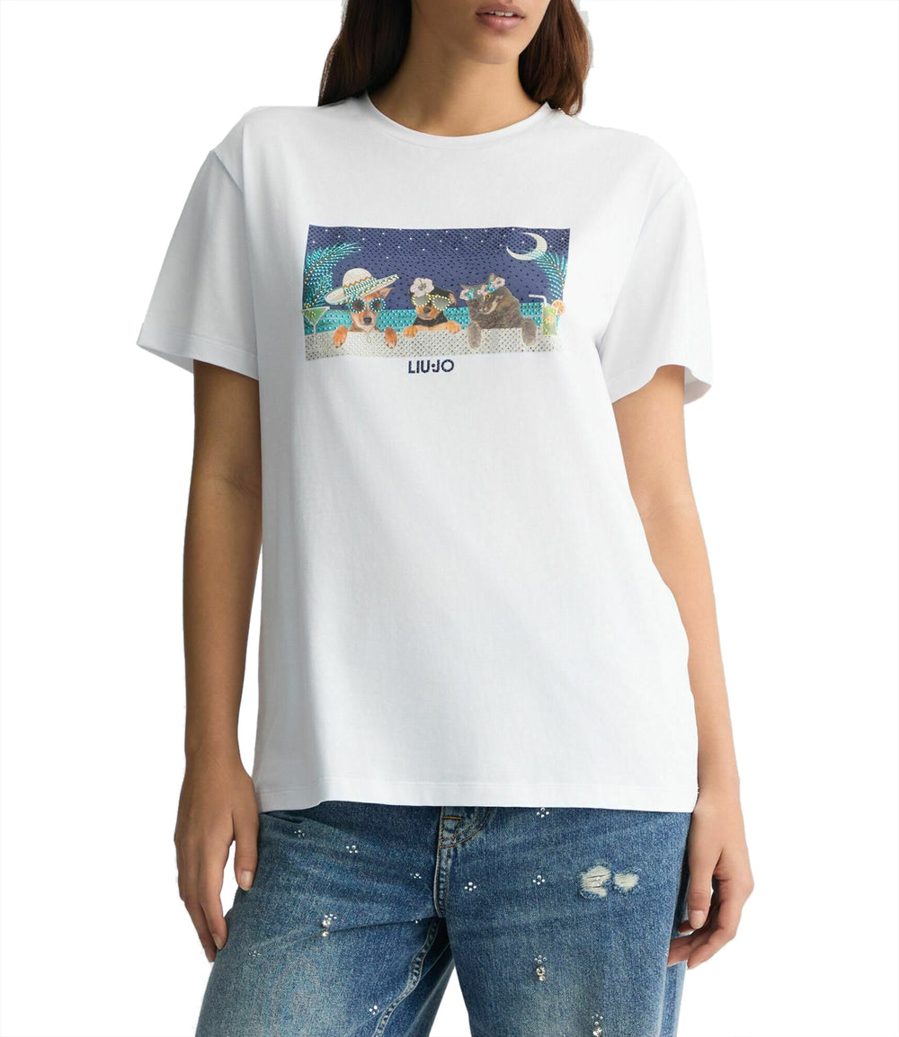 Liu Jo T-shirt Ecs Moda Maniche Corte Donna Mod. WA5260 JS003 M9444 Bianco Bike Dog Liuj