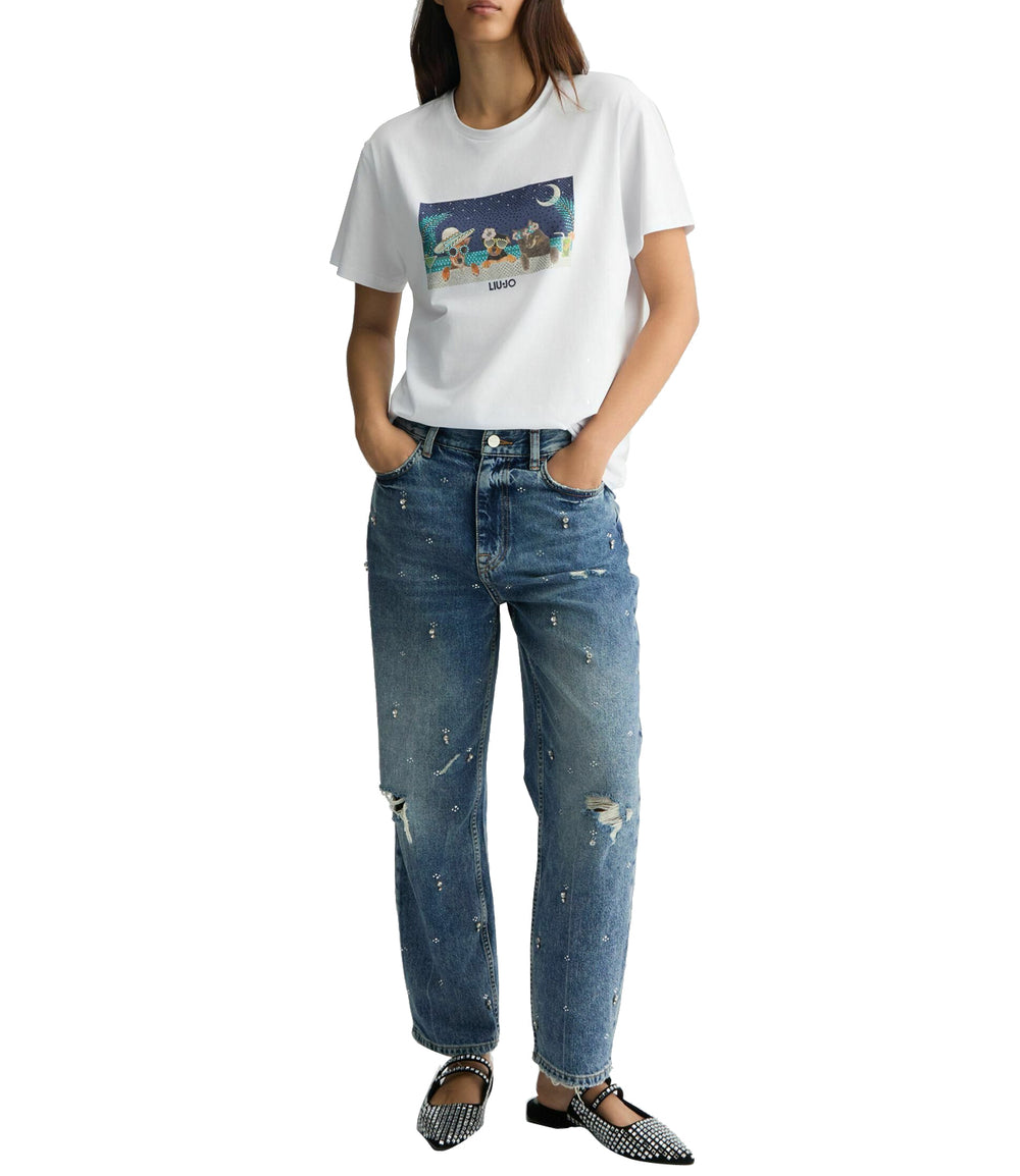 Liu Jo T-shirt Ecs Moda Maniche Corte Donna Mod. WA5260 JS003 M9444 Bianco Bike Dog Liuj