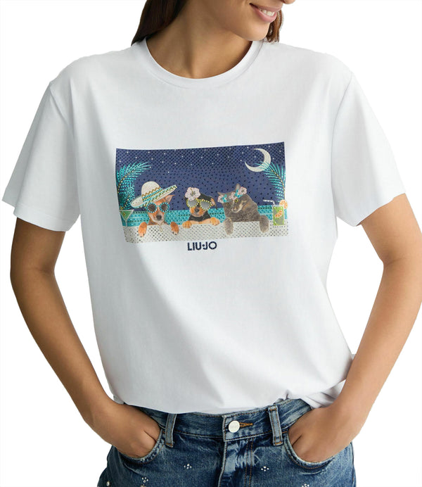 Liu Jo T-shirt Ecs Moda Maniche Corte Donna Mod. WA5260 JS003 M9444 Bianco Bike Dog Liuj