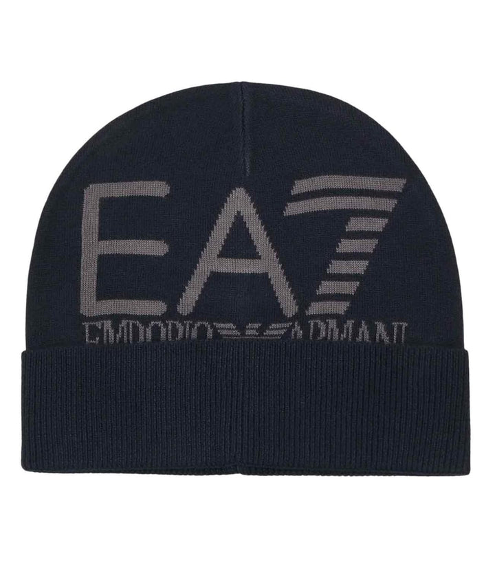 EA7 Berretto Uomo In Lana: Modello Oversize 7X000006 AF11994, Colore Panna/Beige, Logo Grigio A Contrasto, Caldo Ed Elegante