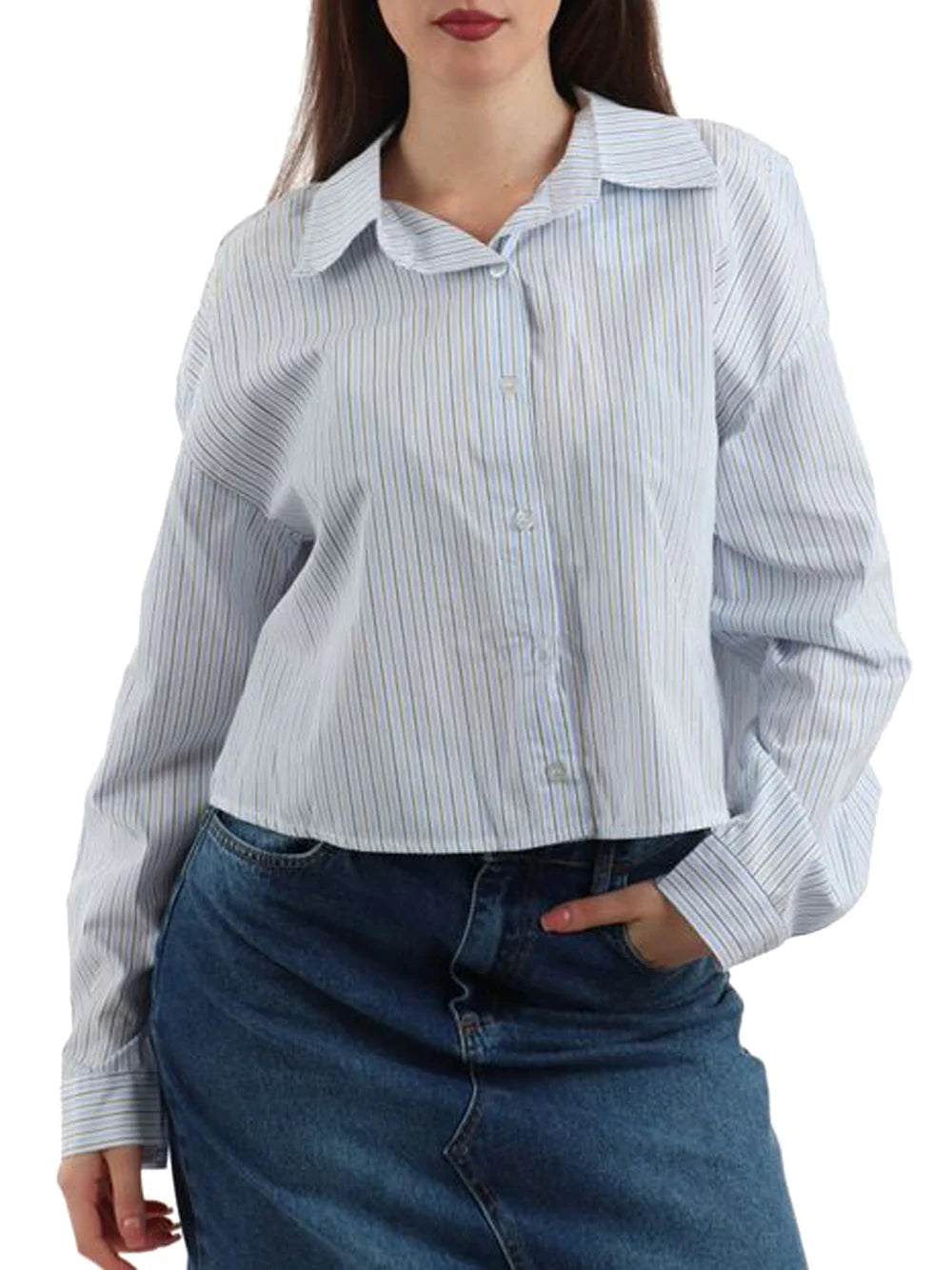 I AM Camicia Donna Mod. 25211 RIGHE Celeste