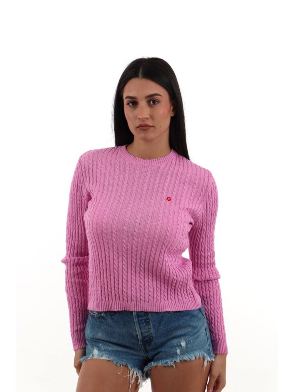 I AM Maglione Donna Mod. TRECCIA FIORE ROSA Rosa