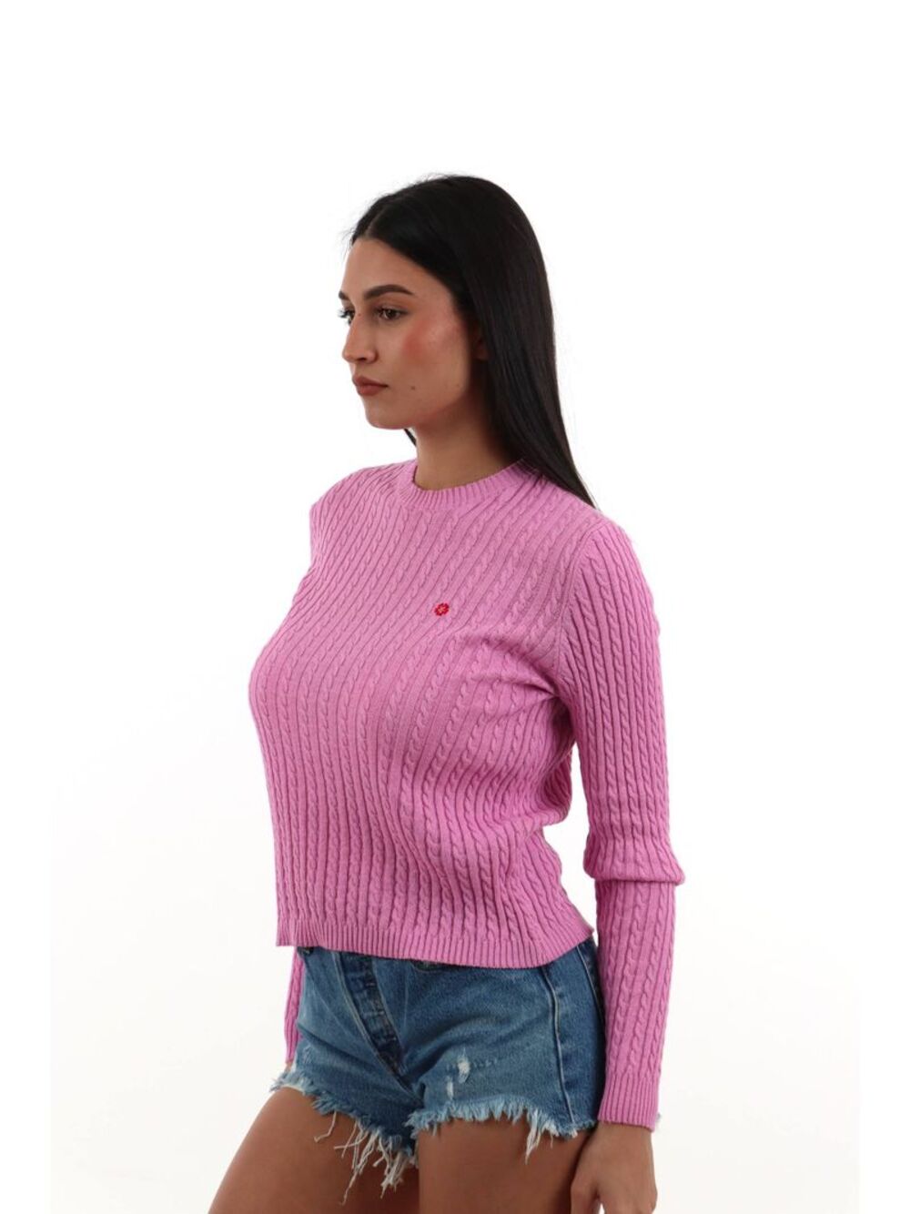 I AM Maglione Donna Mod. TRECCIA FIORE ROSA Rosa